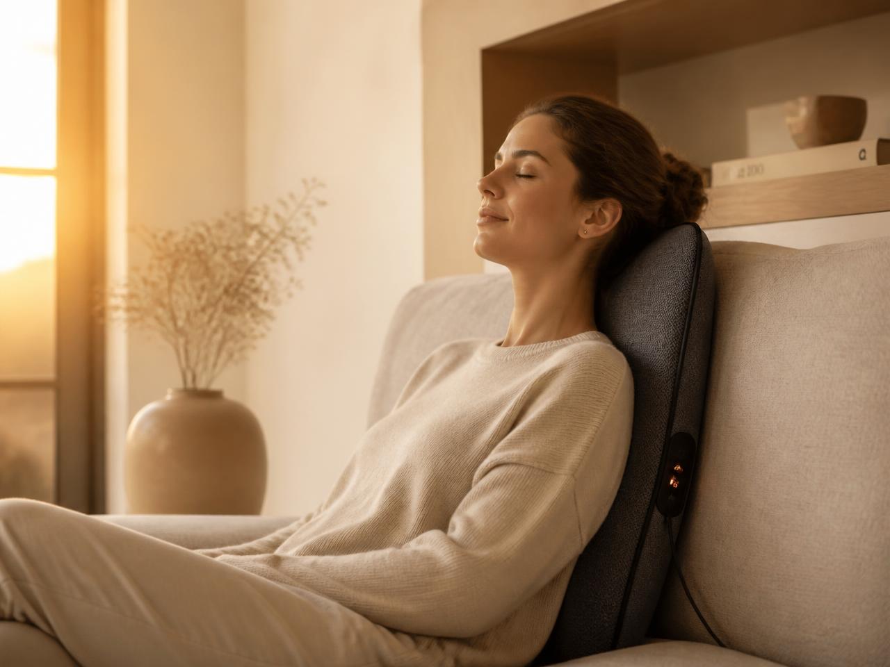 A person reclining on a sofa with the Back Halo Max cushion supporting the lower back